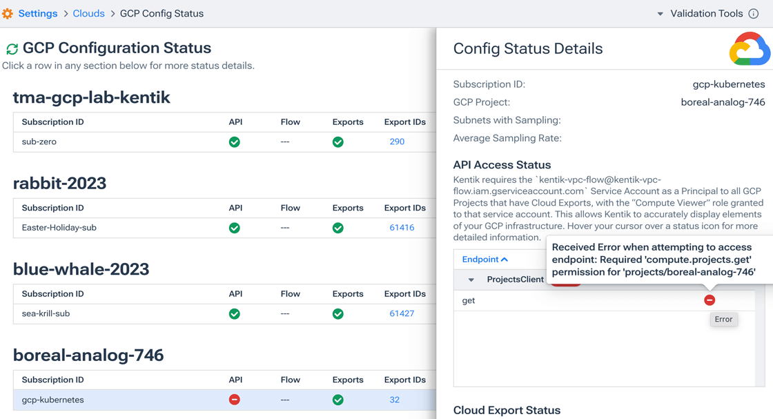 Error reported for a cloud export that's missing permissions for metadata access.