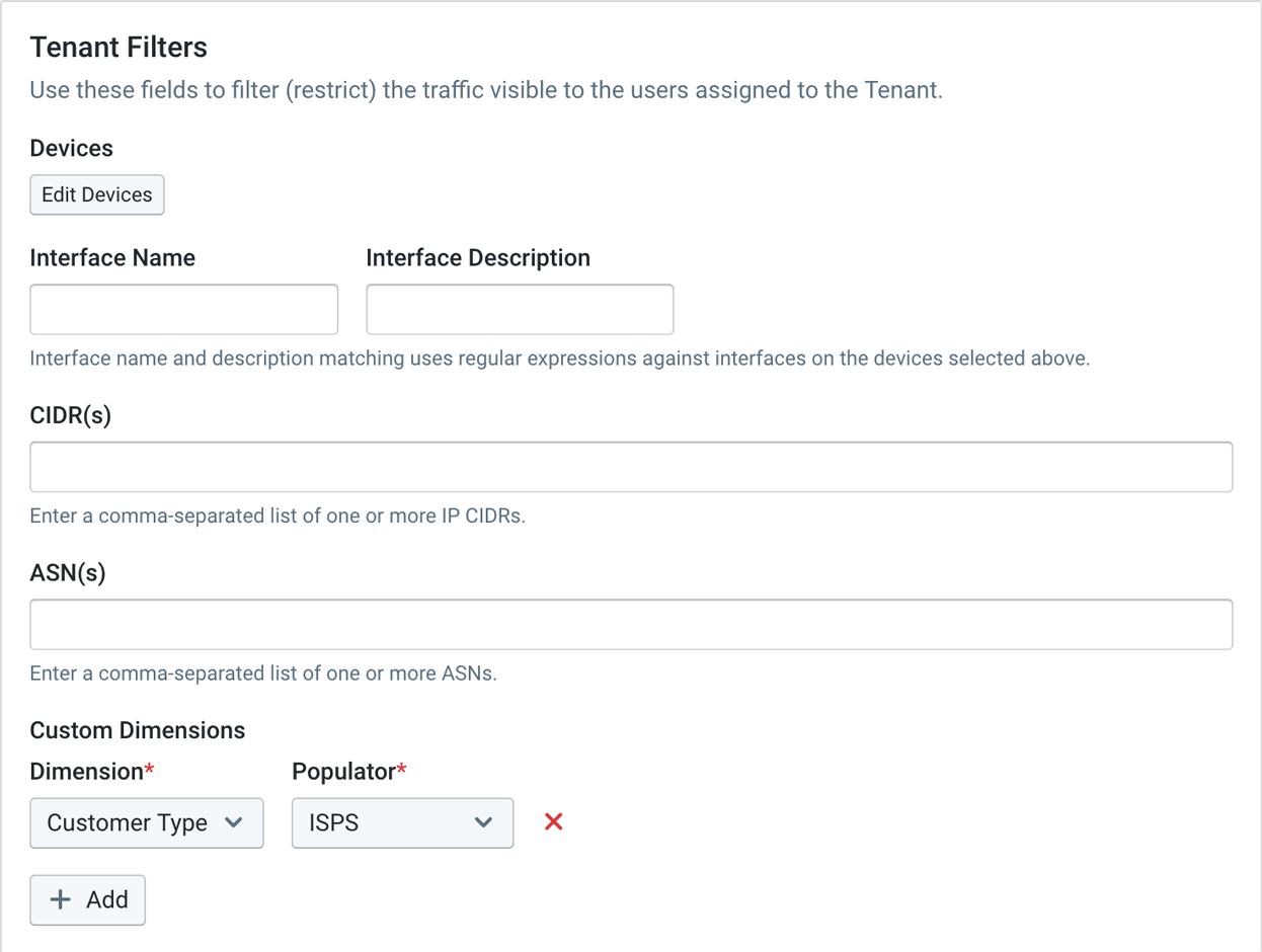 The Tenant Filters pane, including Custom Dimensions controls.