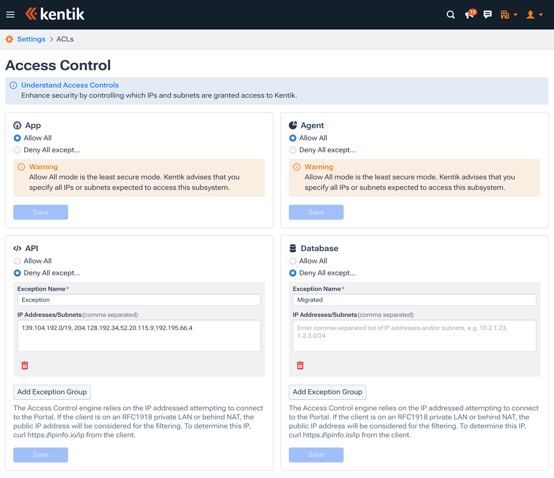 The Access Control page enables you to choose the IPs from which it's possible to access various Kentik functions.