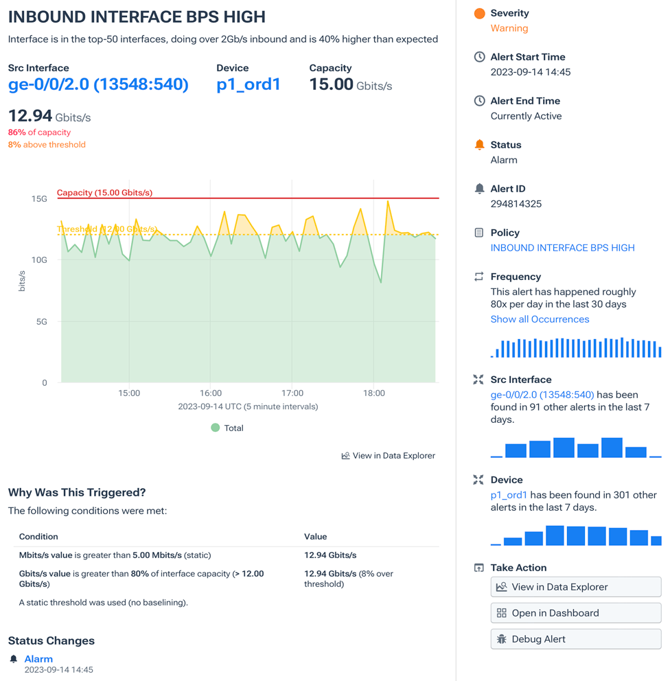 The Details page for a non-DDoS alert.