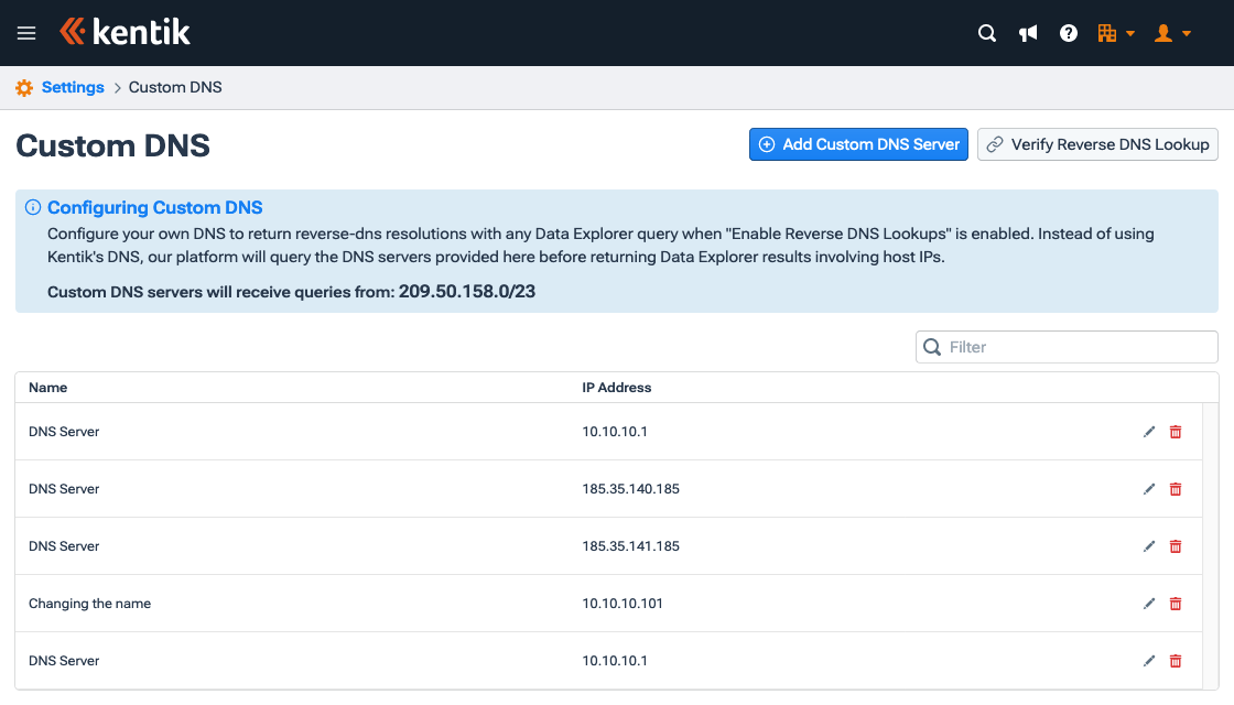 Custom DNS lets you choose the servers for reverse DNS lookup in Data Explorer queries.