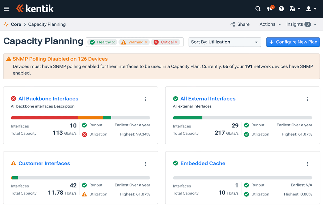 The Capacity Planning page tells you the utilization and projected runout of capacity for groups of interfaces.