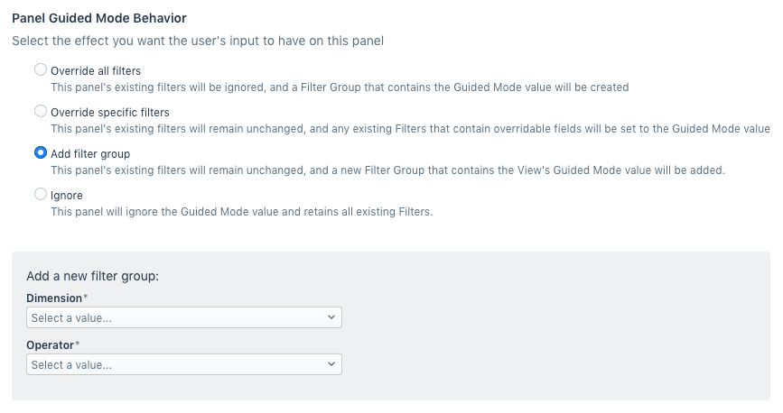 Set how a Guided Mode filter will interact with panel-level or dashboard-level filters.