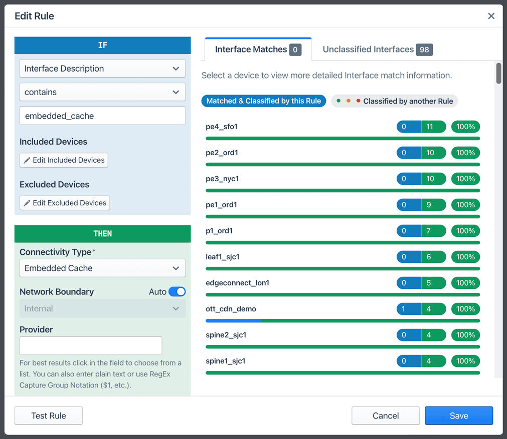 Rules created in the Rules dialog each capture a subset of your interfaces and apply to them the specified values for IC dimensions.