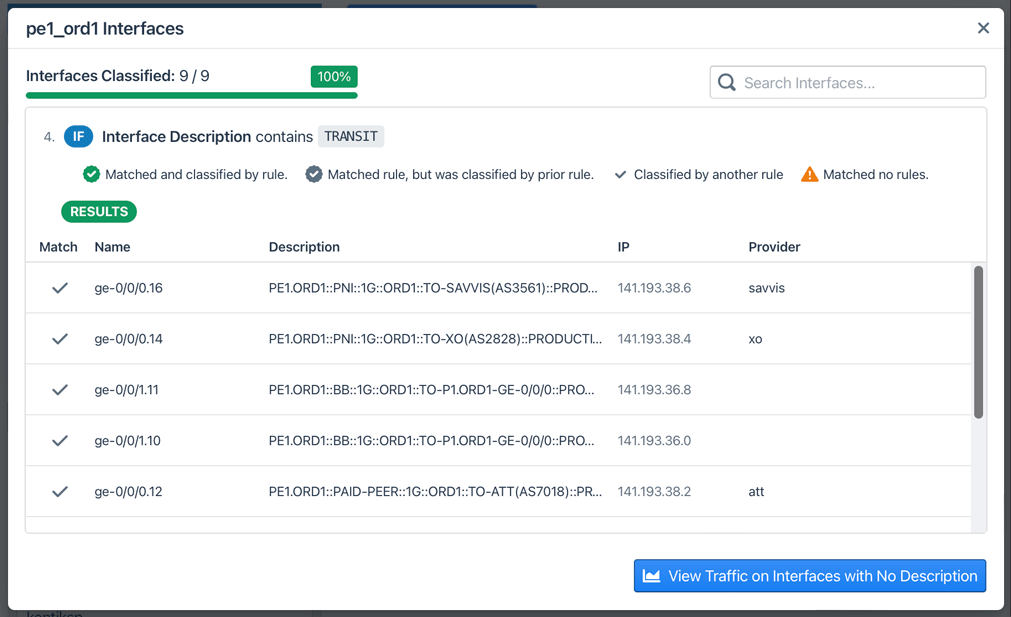 The interfaces on a device are listed, showing if and how each interface was classified.