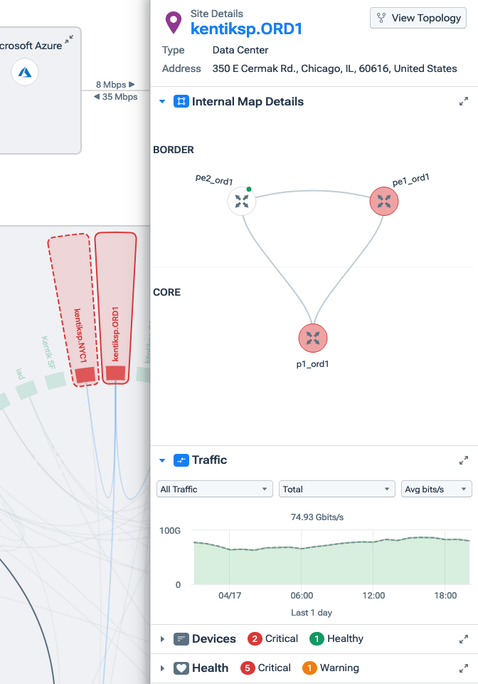 The Details drawer shows details about an entity on the Kentik Map.