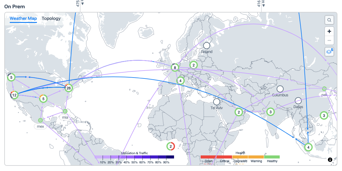 The weather map shows the physical location of network entities.