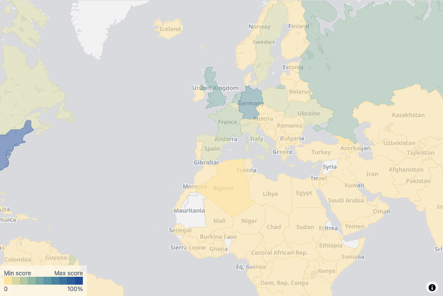 The heatmap on the Markets tab shows the strength of an AS by country.