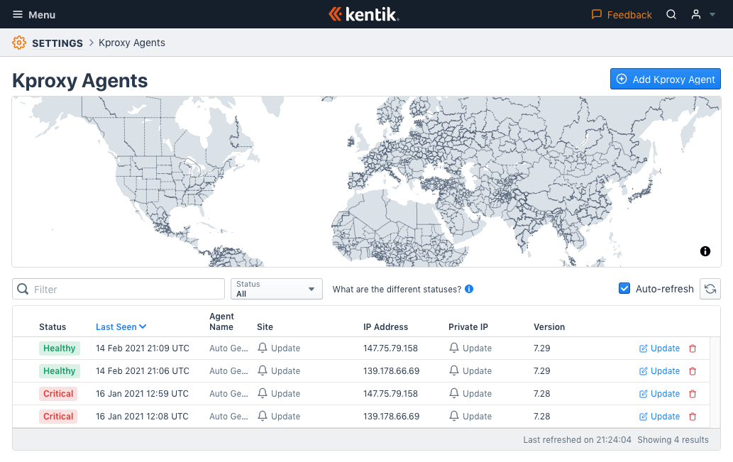 Manage settings for proxy agents on the kproxy Agents page.