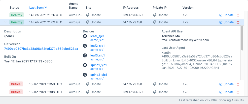 Click a row in the kproxy list to reveal additional agent details.