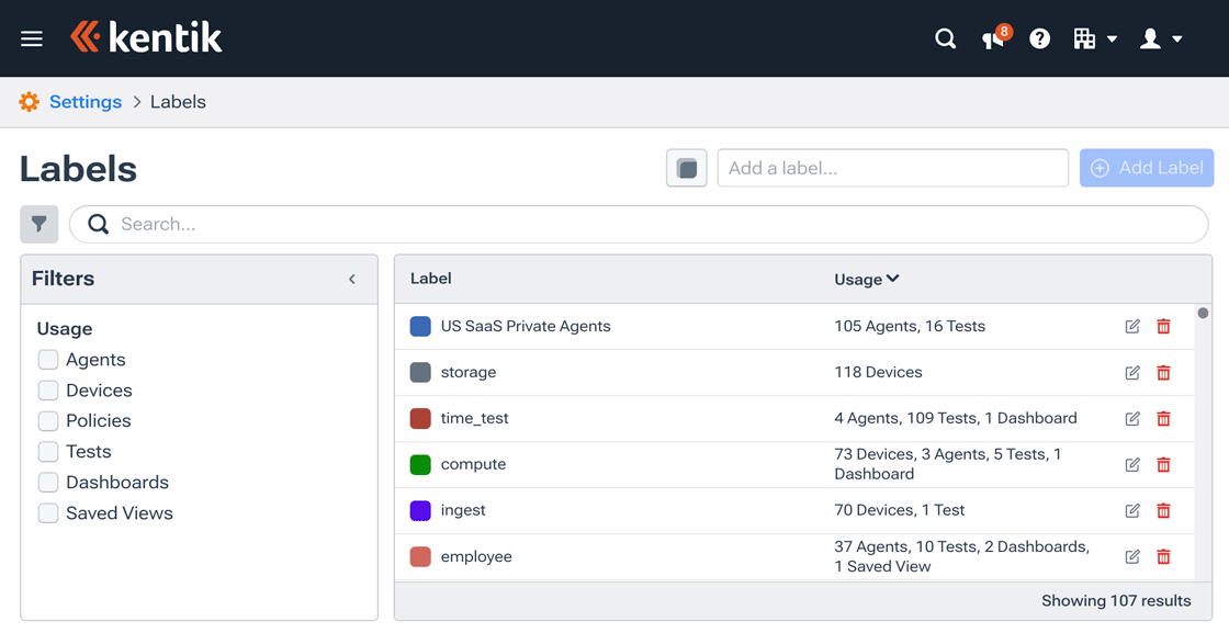 The Labels page is used to manage your organization's labels, which represent collections of devices, agents, and tests.