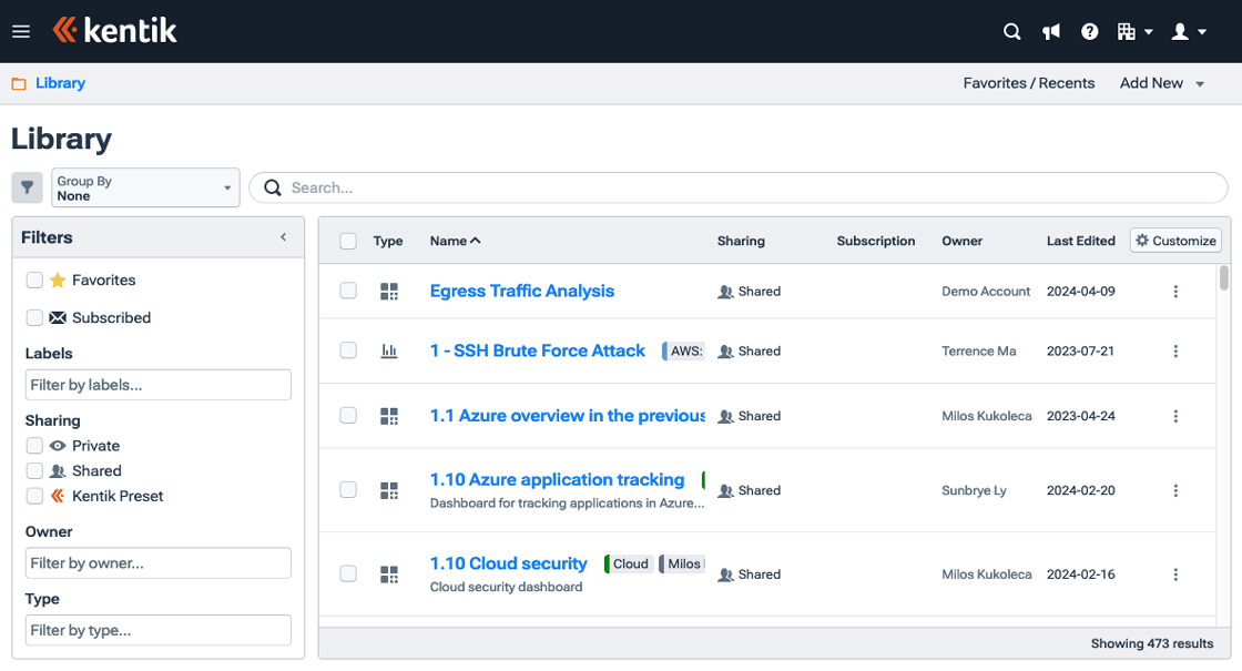 The Library provides access to your organization's dashboards and saved views.