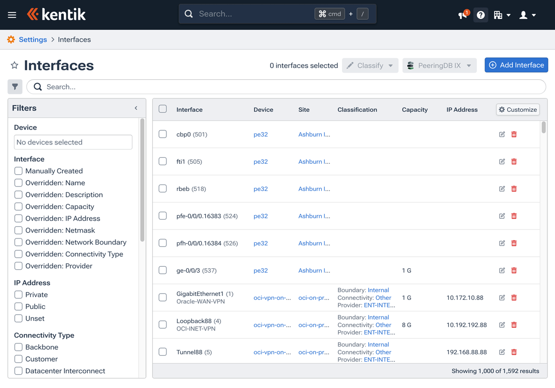 The Interfaces page enables you to see your device's interfaces and edit their properties.