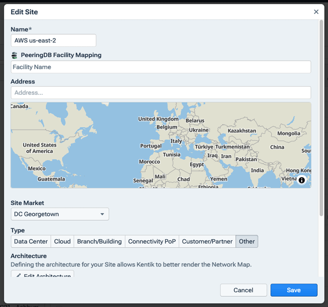 A dialog for setting the properties of a site.