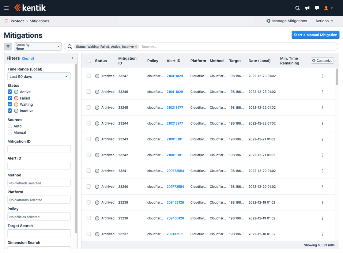 The Mitigations page enables management of current and past mitigations.