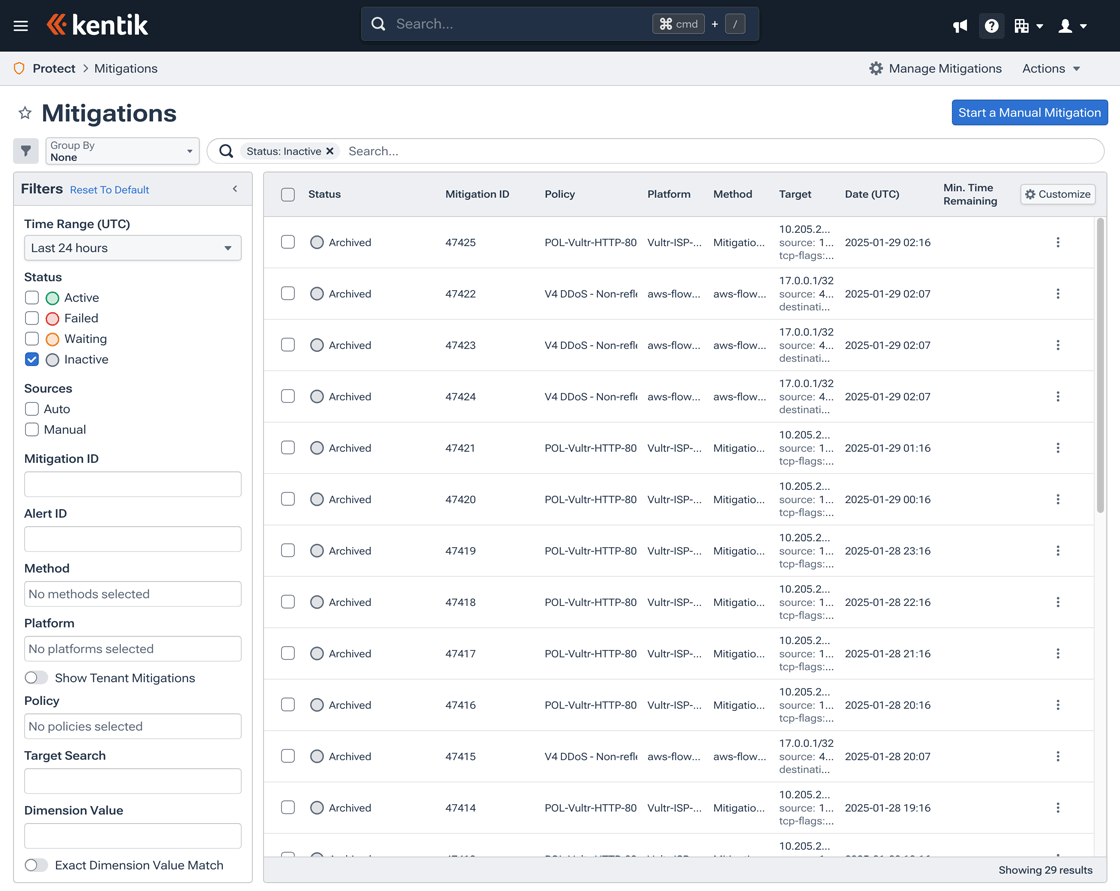 The Mitigations page enables management of current and past mitigations.