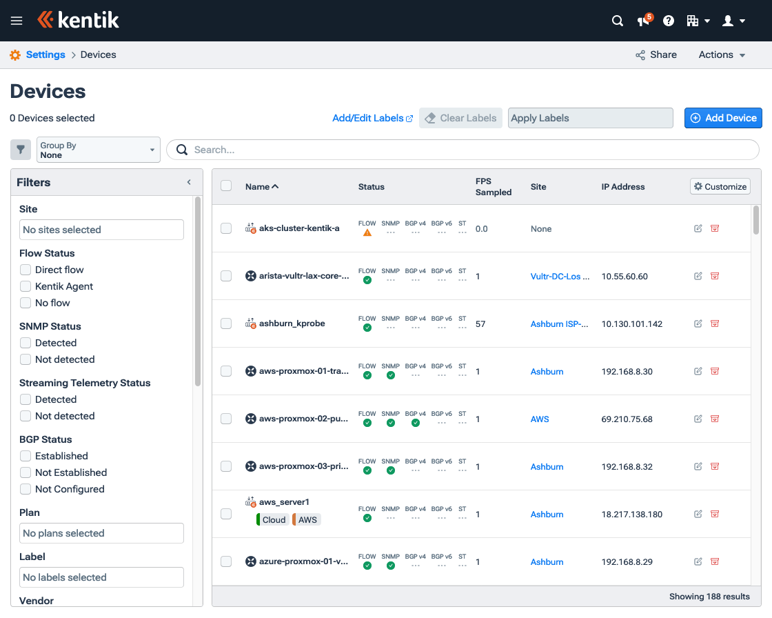 The Devices page displays device status and enables you to manage devices.