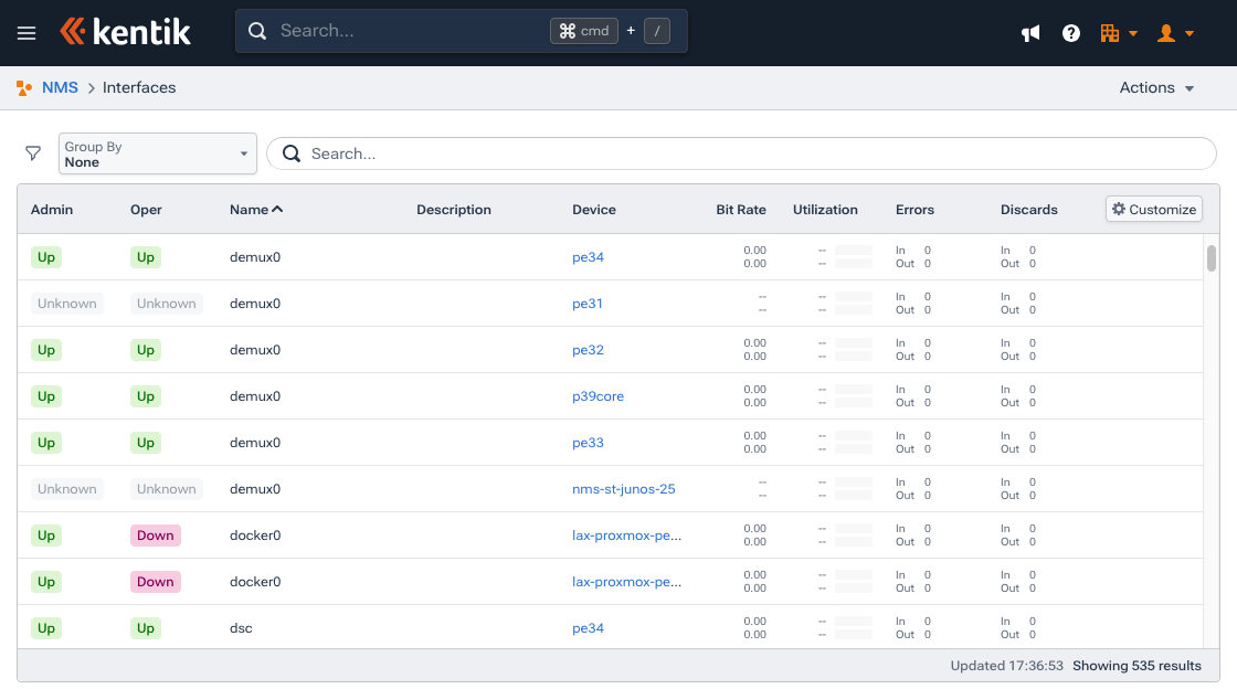 A list of the interfaces on the devices being monitored by Kentik NMS.