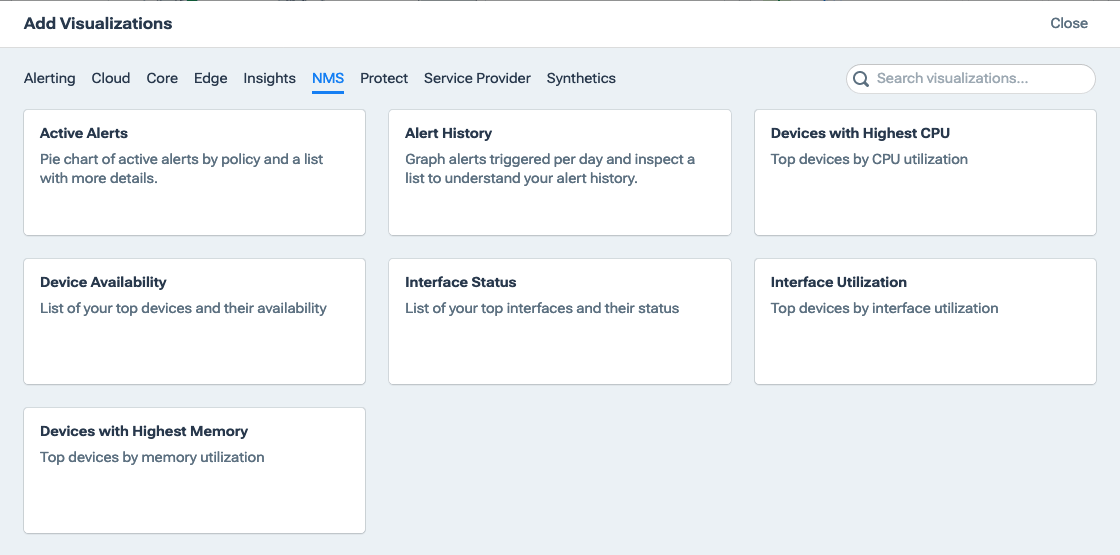 Available visualizations are categorized into tabs in the drawer.