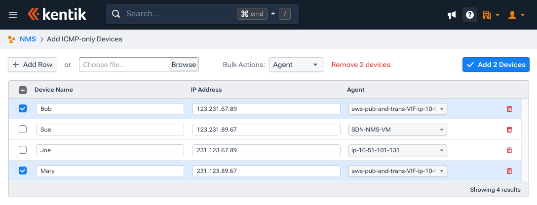 Bulk import or individually add devices for ICMP-only monitoring.