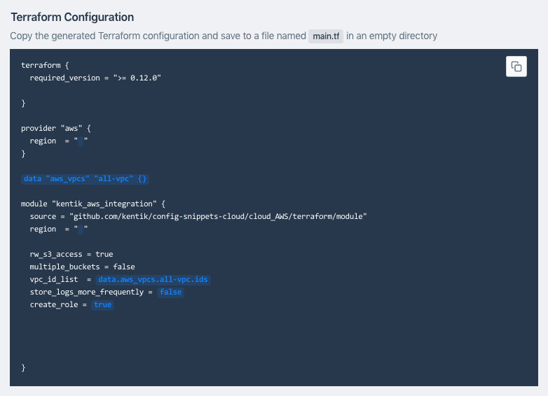 The Terraform configuration template is filled in with settings on this tab.