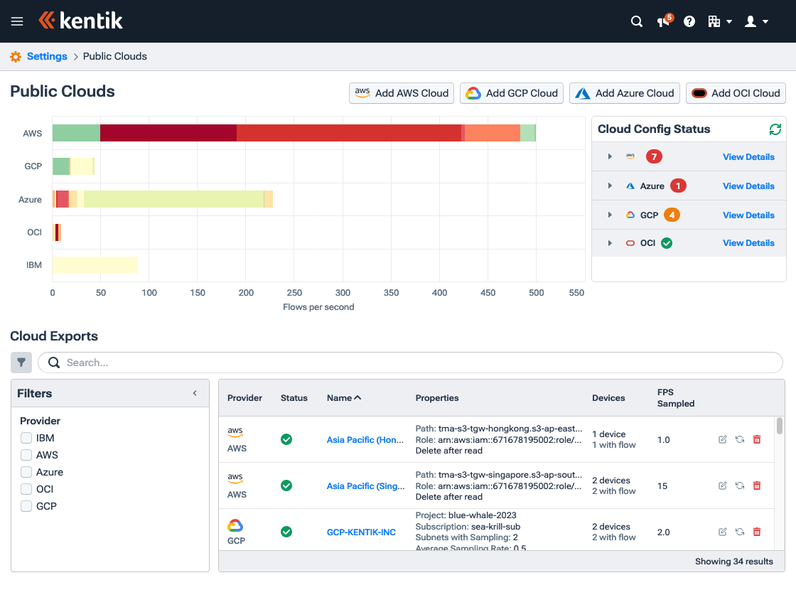 The Public Clouds page enables you to register and monitor in Kentik the resources you maintain in public clouds.