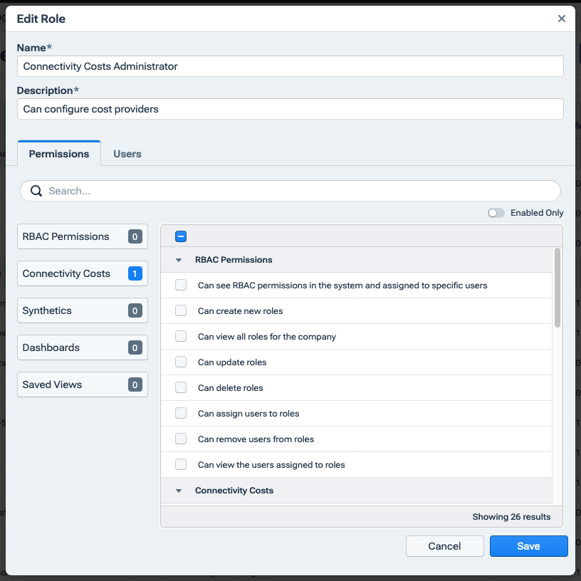 The Role dialog enables assignment of permissions to roles and roles to users.