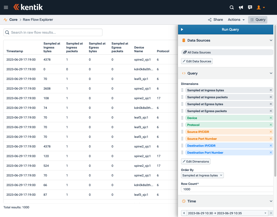 Raw Flow Explorer enables you to examine flow records from Kentik's KDE backend.