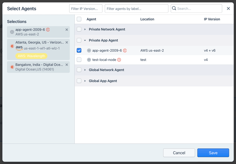 The Select agents dialog is used to choose agents to test from.