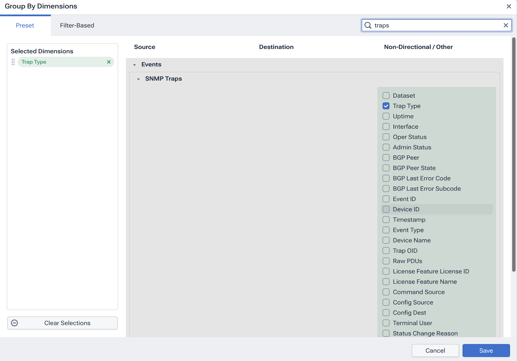 Select traps and syslog dimensions in Data Explorer.