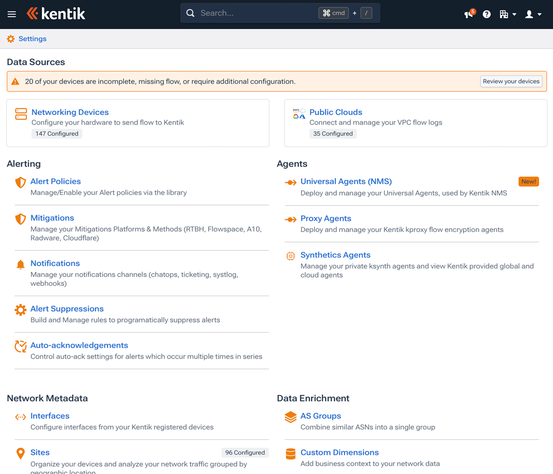 The Settings landing page provides access to the individual settings modules for the v4 portal.