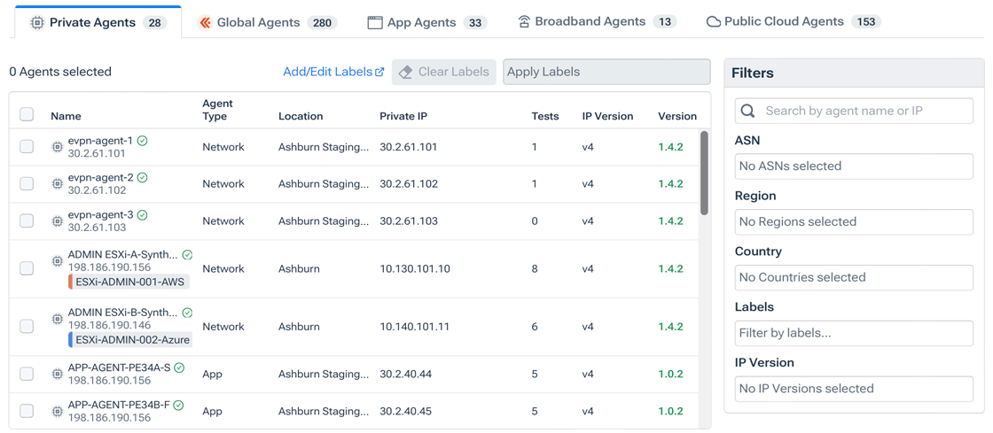 The Agents List includes tabs showing private agents and global agents, including those hosted by key cloud providers.