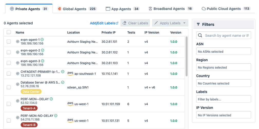 The Agents List includes tabs showing private agents and global agents, including those hosted by key cloud providers.
