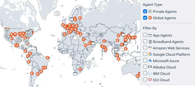 The Agents Map shows the location of global and private ksynth agents throughout the world.