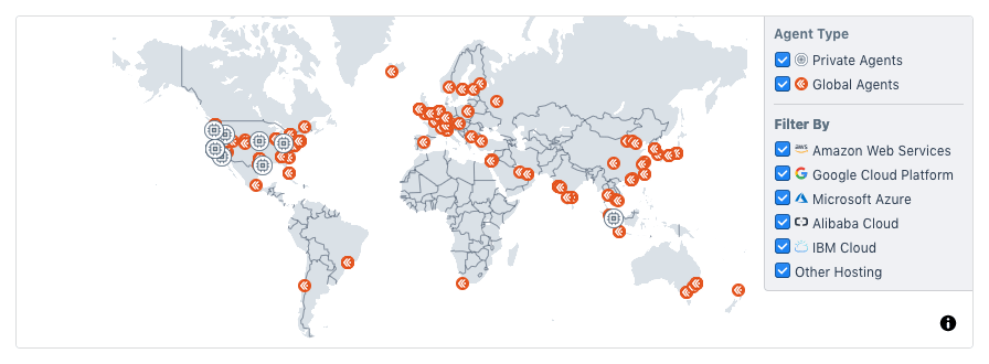 The Agents Map shows the location of global and private ksynth agents throughout the world.