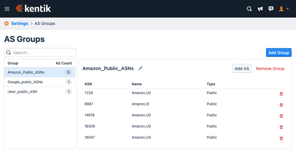 The AS Groups page, where you can assign multiple ASes to a single group for evaluation and filtering in queries.