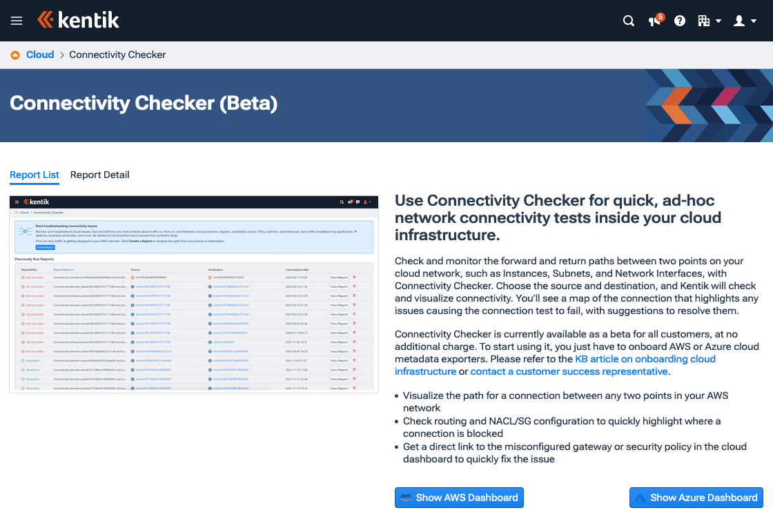 The landing page of Connectivity Checker, which helps troubleshoot cloud connection problems.