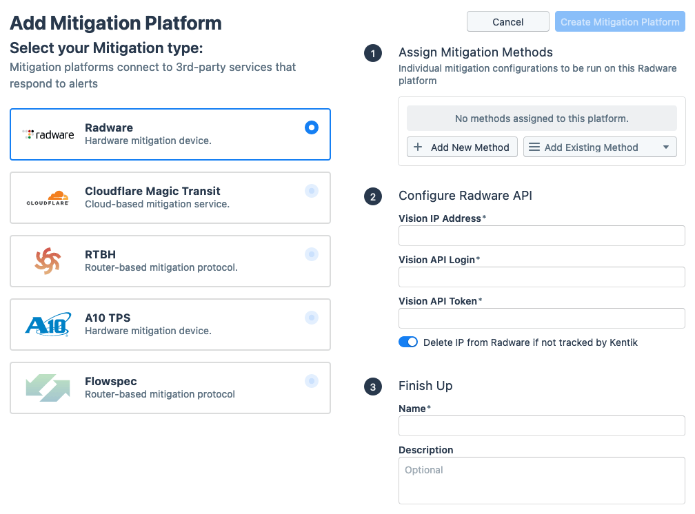 The Select Mitigation Type controls on the left are present only when adding a platform.