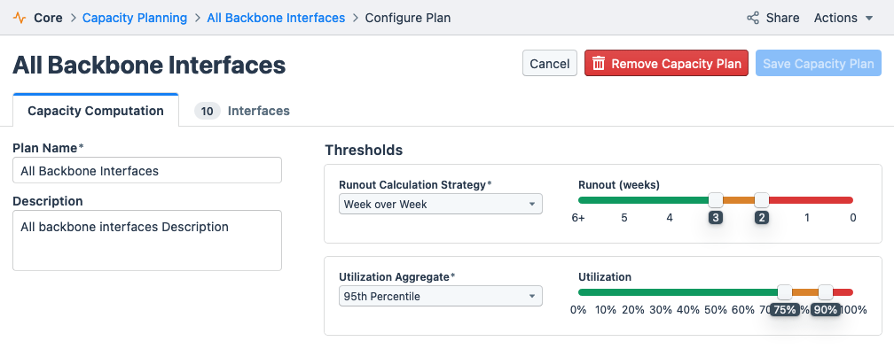 The Configure Plan page is used to specify the settings for an individual capacity plan.