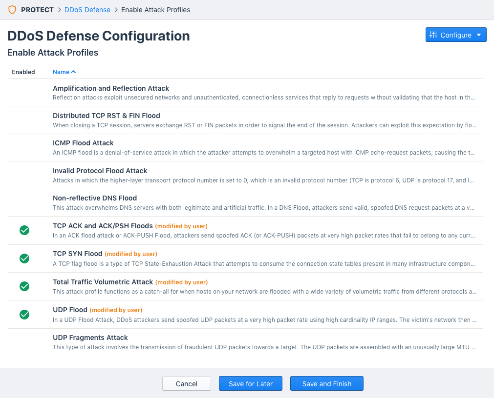The DDoS Defense Configuration page lists the DDoS-related alert policy templates available in your organization.