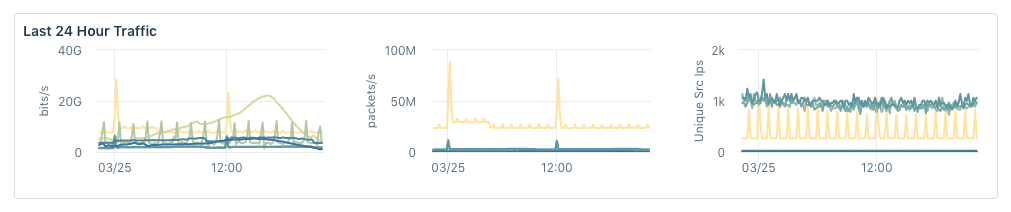 These charts show traffic over the last 24 hours expressed in the metrics used to evaluate attacks.