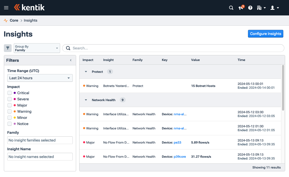 The Insights page lists recent insights and enables insight configuration.