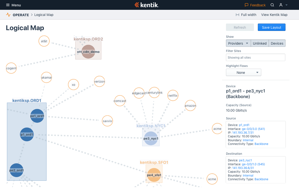 The Logical Map shows network elements, links, and traffic on your network.