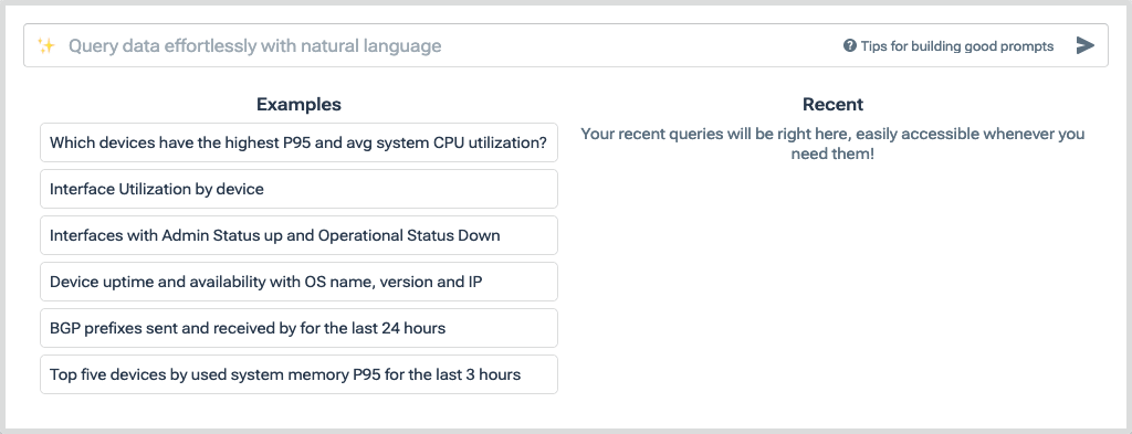 A natural language question entered into the Query Assistant popup becomes an NMS query.