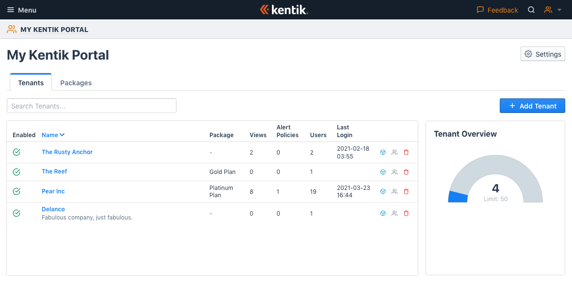 Manage tenants and packages from the tabs of the My Kentik Portal page.