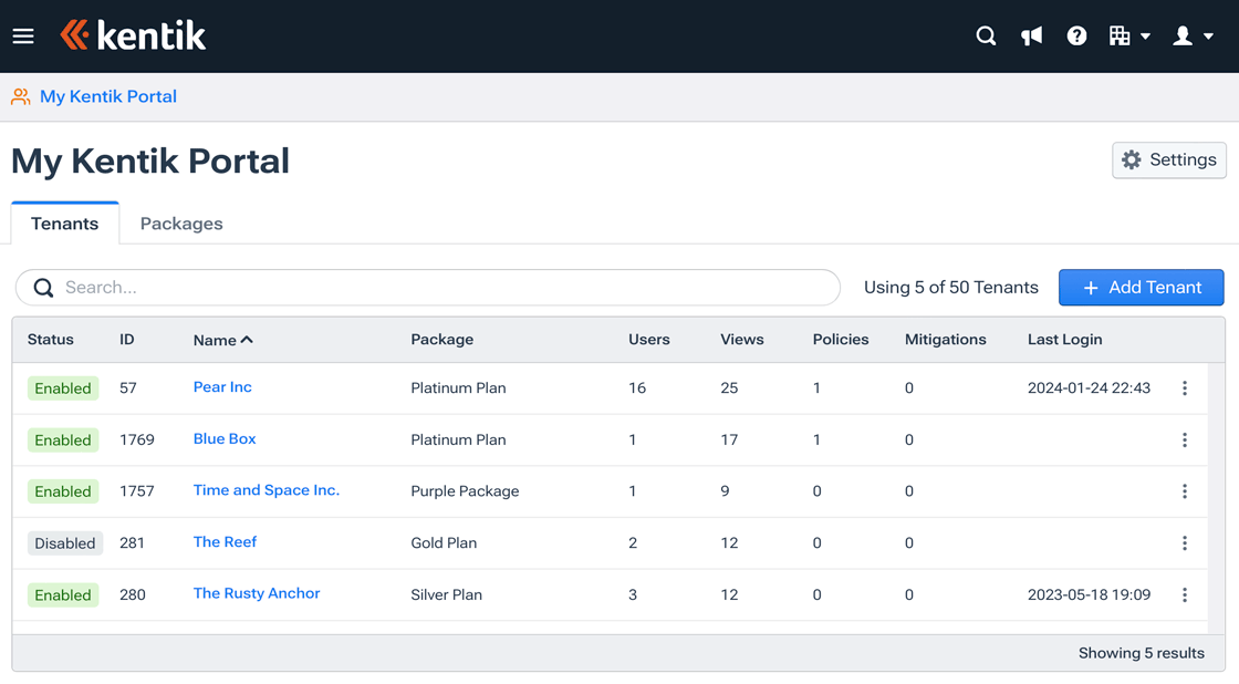 Manage tenants and packages from the tabs of the My Kentik Portal page.