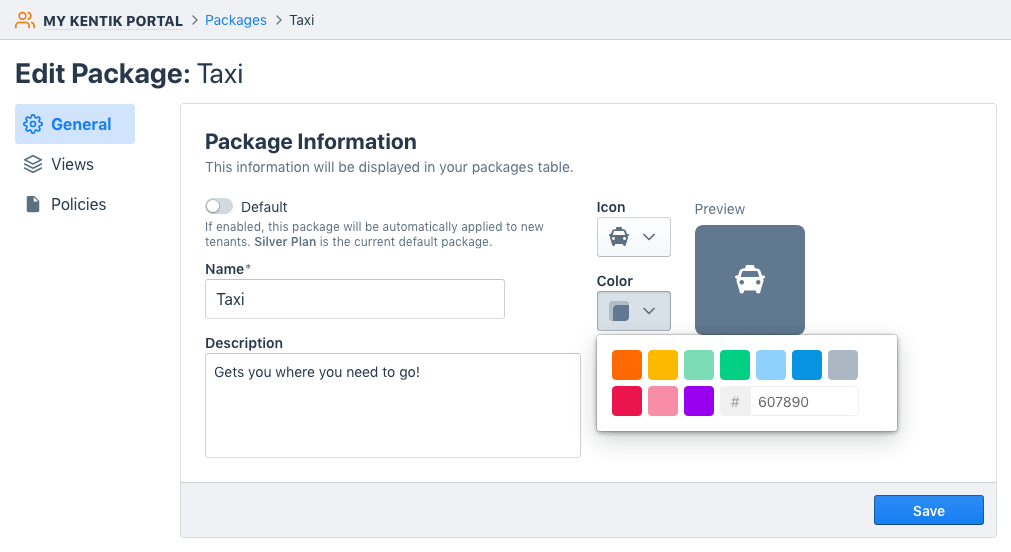 Defining a package includes choosing an icon and color.