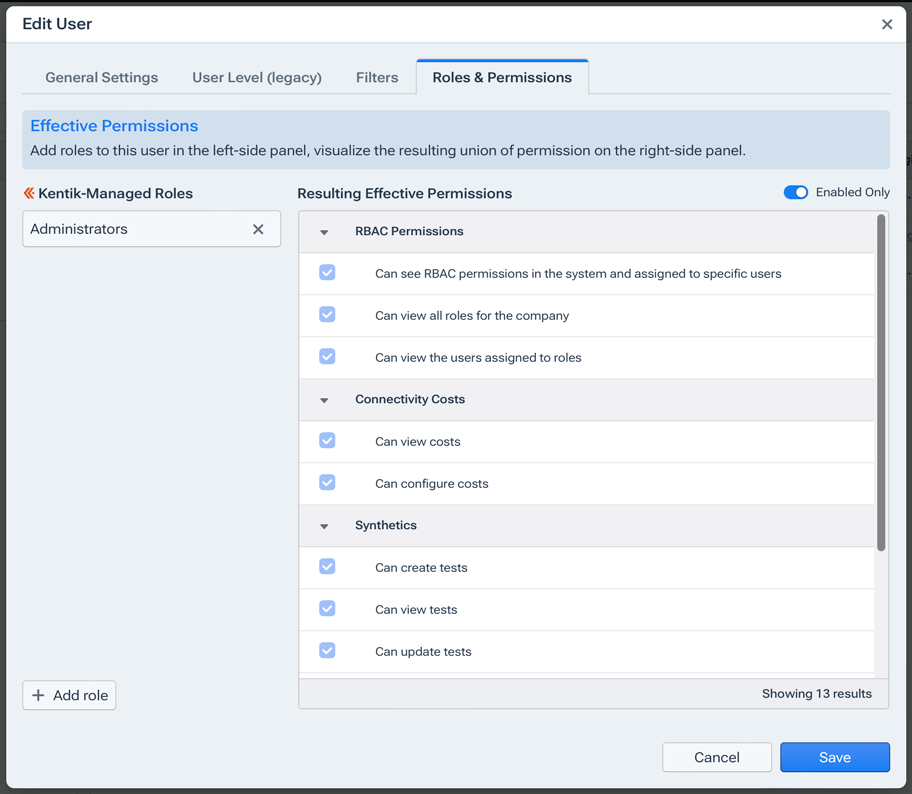 Assign roles to users and see their effective permissions.