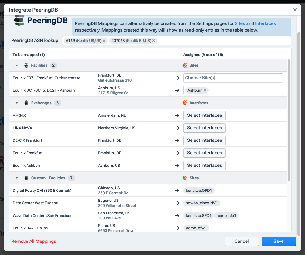 Kentik's PeeringDB integration is configured in a dialog opened from the Integrations page.
