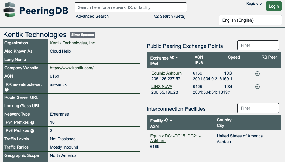 A typical record for an AS in PeeringDB.